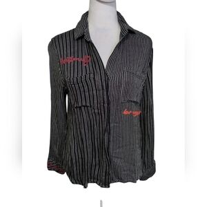 Vintage Havana Black/White Striped Shirt with Red Accents size S 100%Rayon